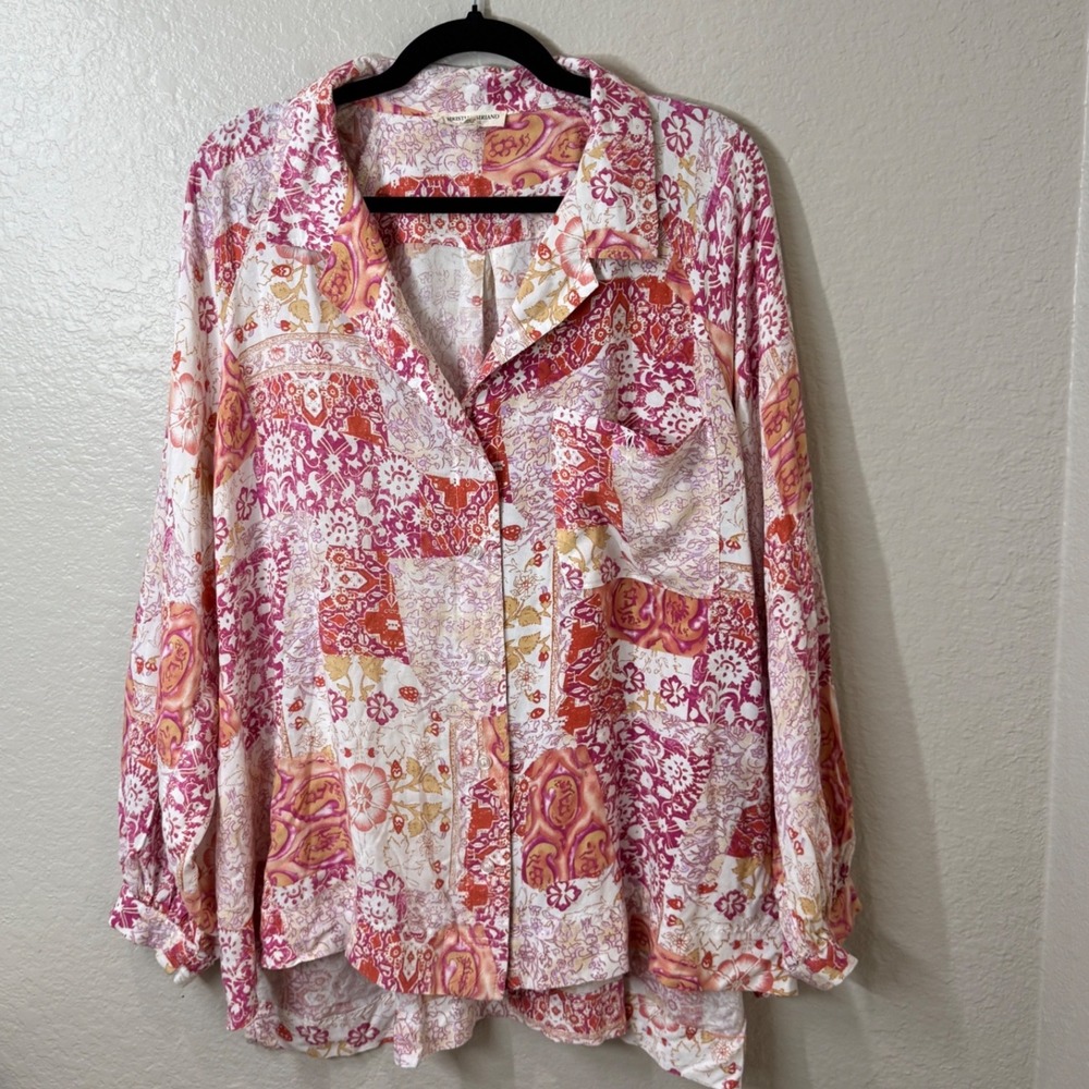 Christian Siriano New York Pink Floral Paisley Rayon Button Down Top Boho Size L
